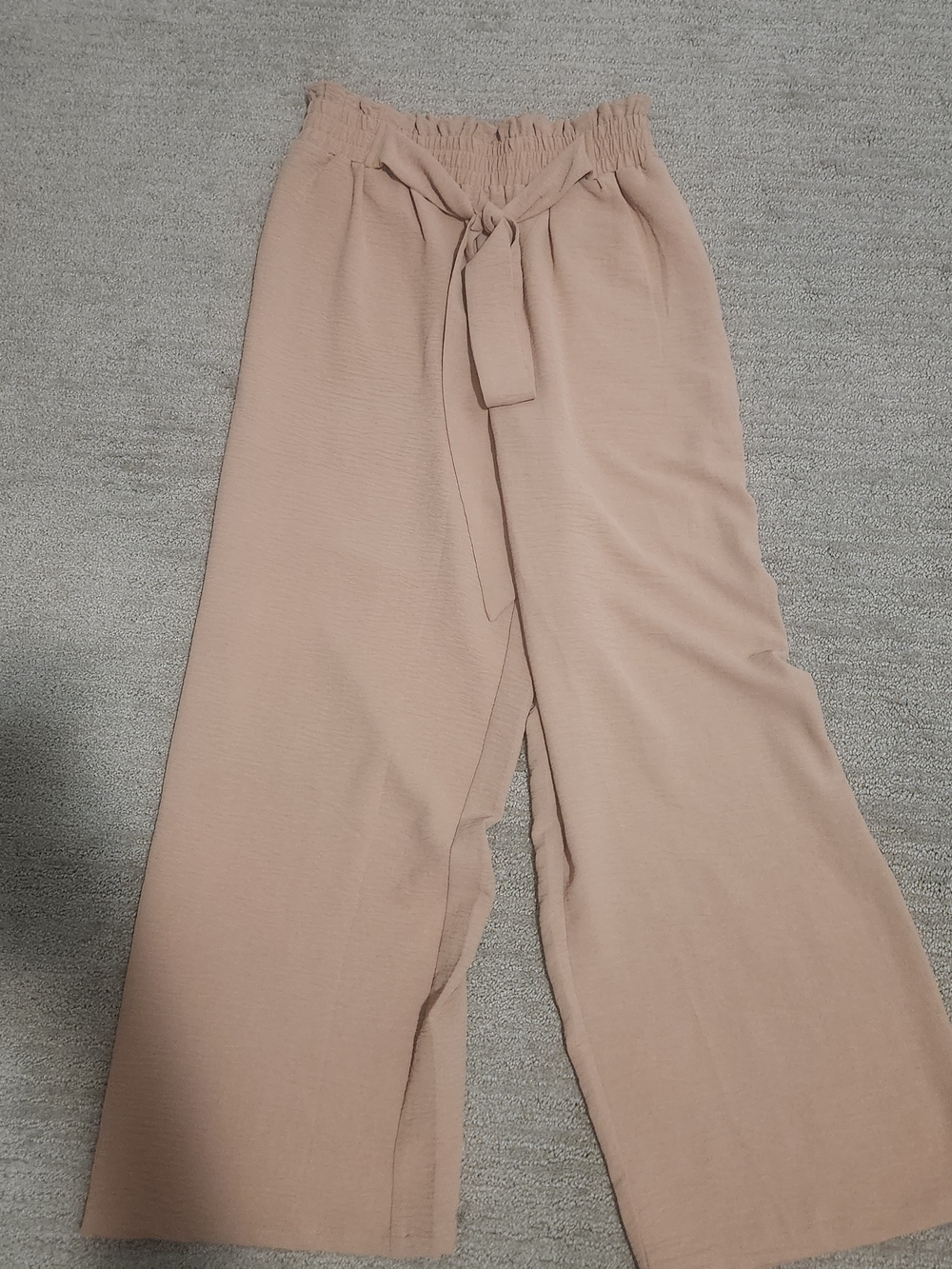 Wide-Leg Paperbag Waist Pants with Self-Tie - Beige